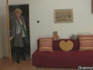 Blonde granny jumps on his prick